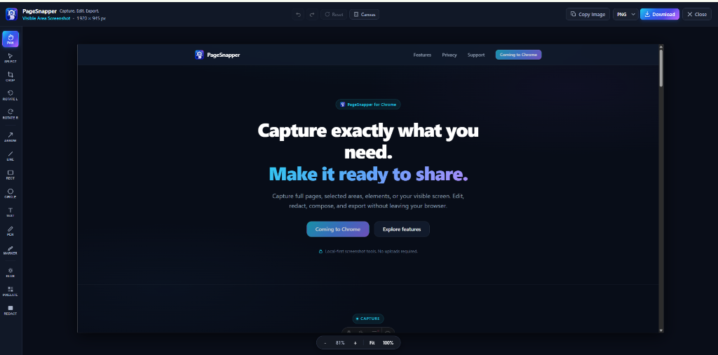 PageSnapper native browser screenshot editor showcasing drawing tools, crop controls, and canvas management